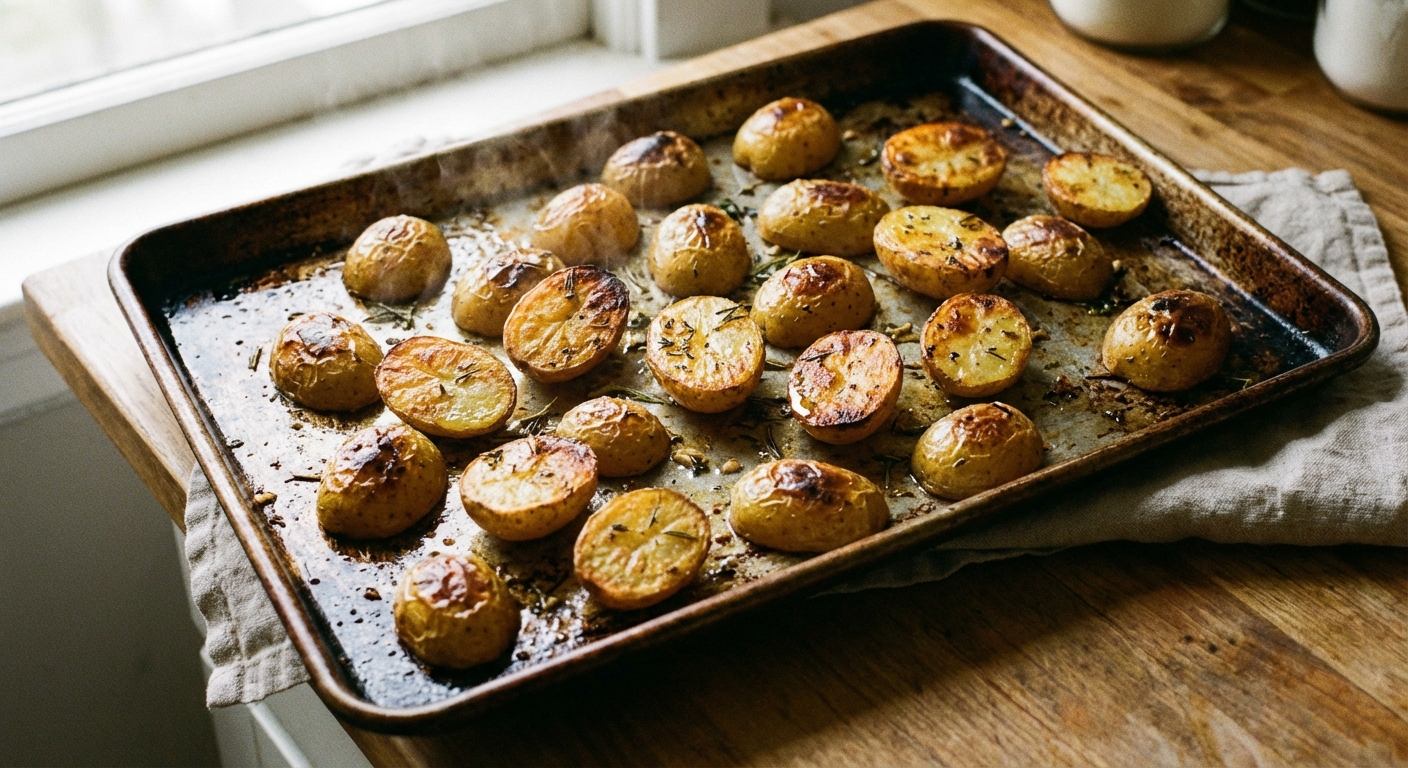 Roasted potatoes spread out on a hot sheet pan, browned and crisped
