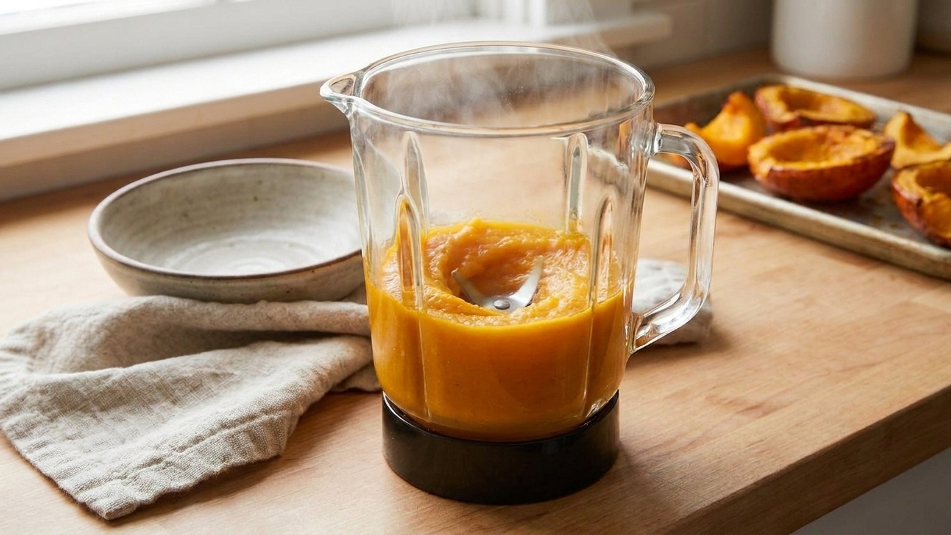 Roasted pumpkin flesh being blended into a smooth puree in a clear blender jar on a kitchen counter