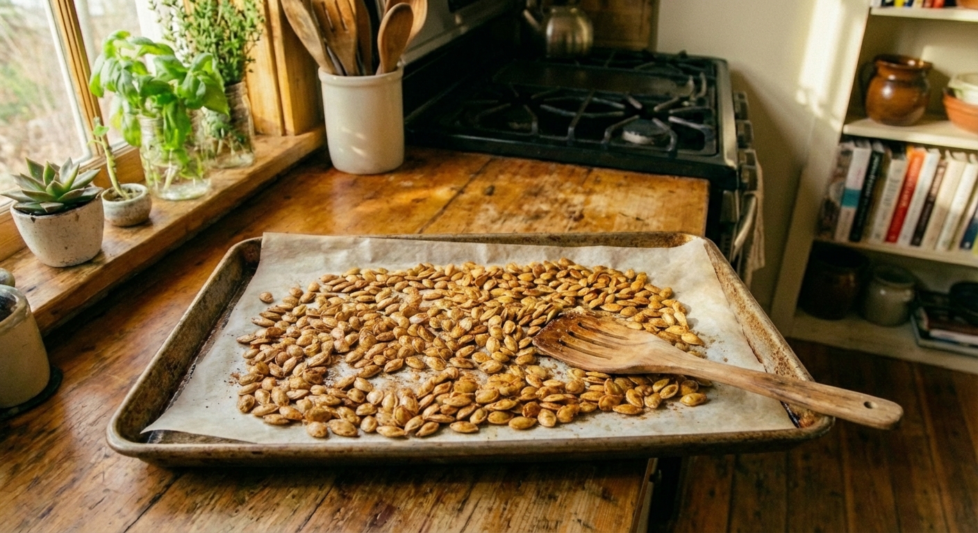 Roasted pumpkin seeds cooling on a baking sheet with a spatula nearby
