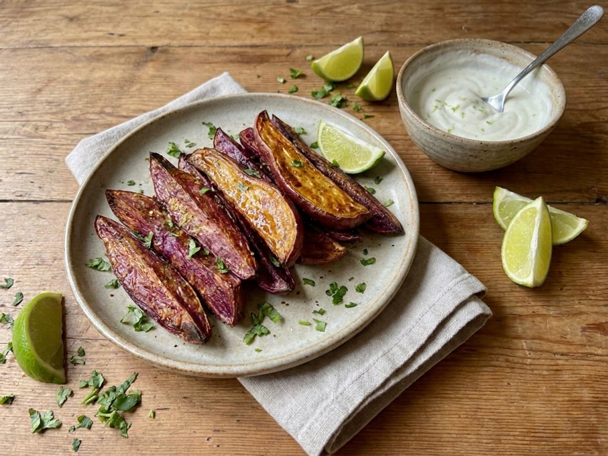 Roasted purple kumara wedges plated with a small ramekin of lime yogurt sauce and a simple napkin on a wooden table setting