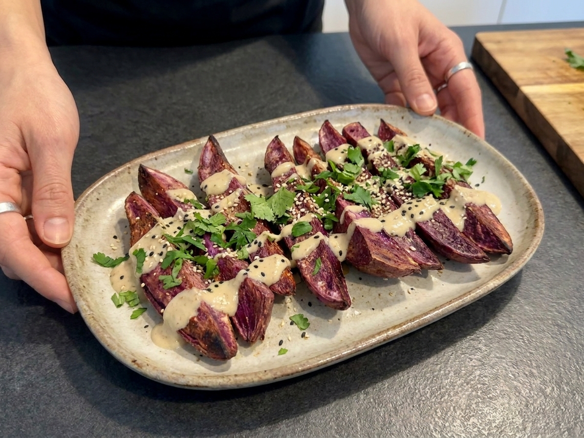 Roasted purple sweet potato wedges on a serving platter topped with lime tahini drizzle, sesame seeds, and chopped herbs