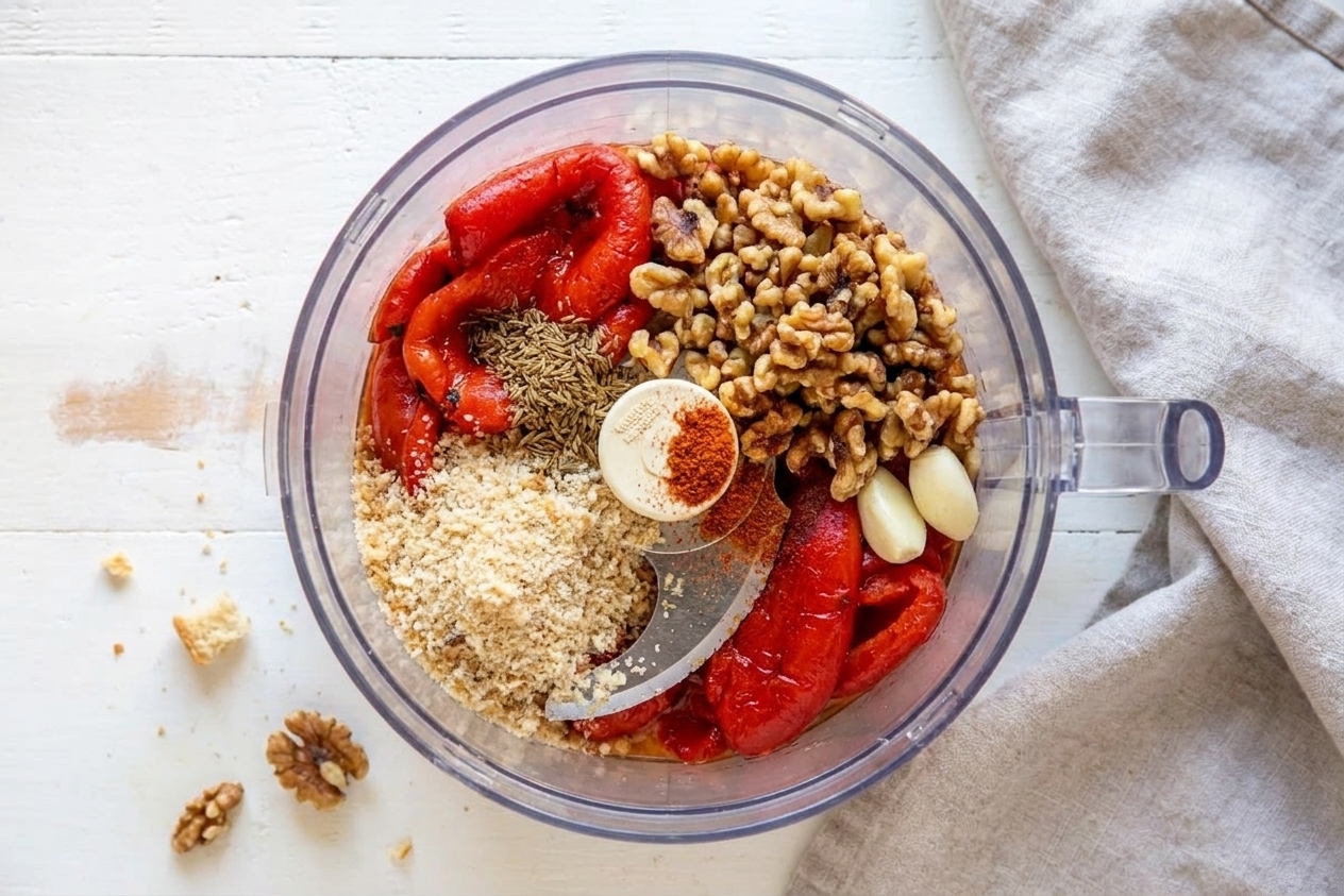 Roasted red peppers and walnuts in a food processor bowl with spices and breadcrumbs added before blending