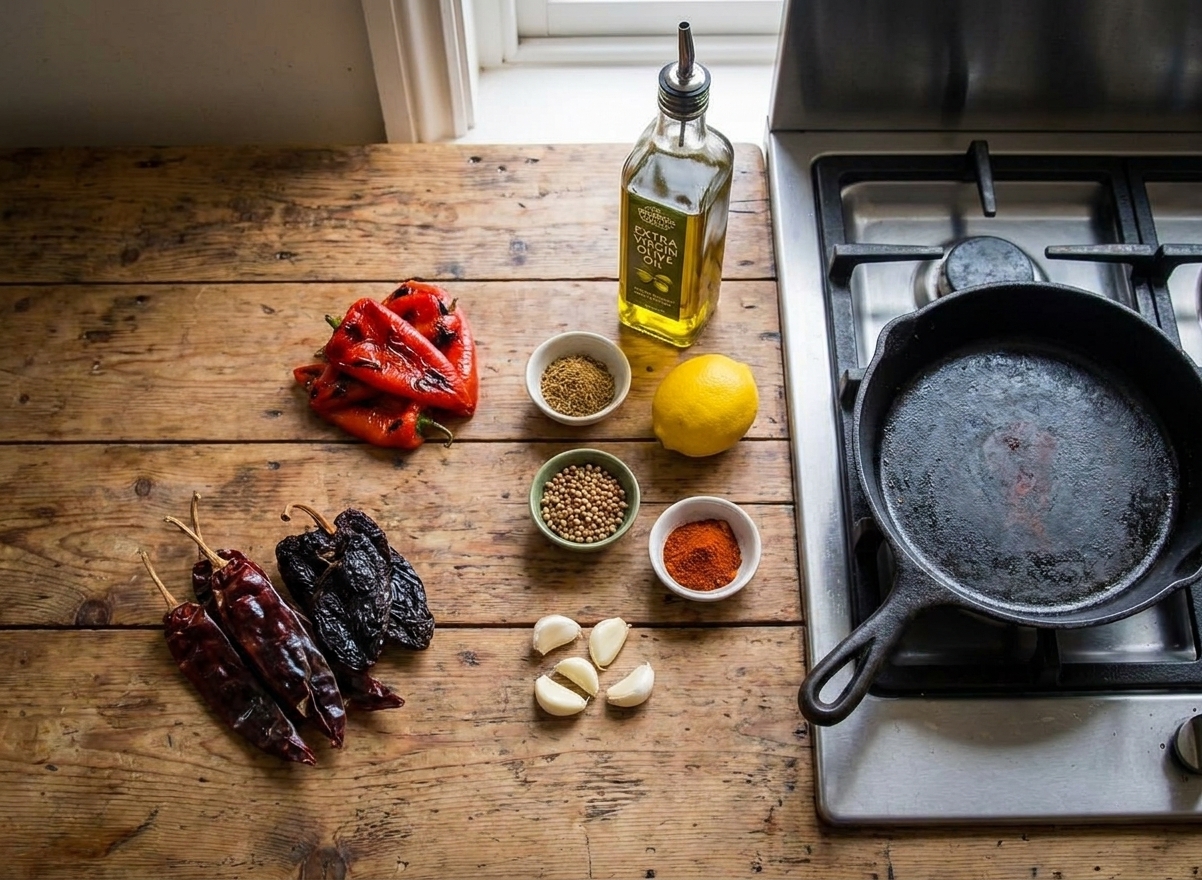 Roasted red peppers, dried chiles, garlic, spices, lemon, and olive oil arranged on a light kitchen counter