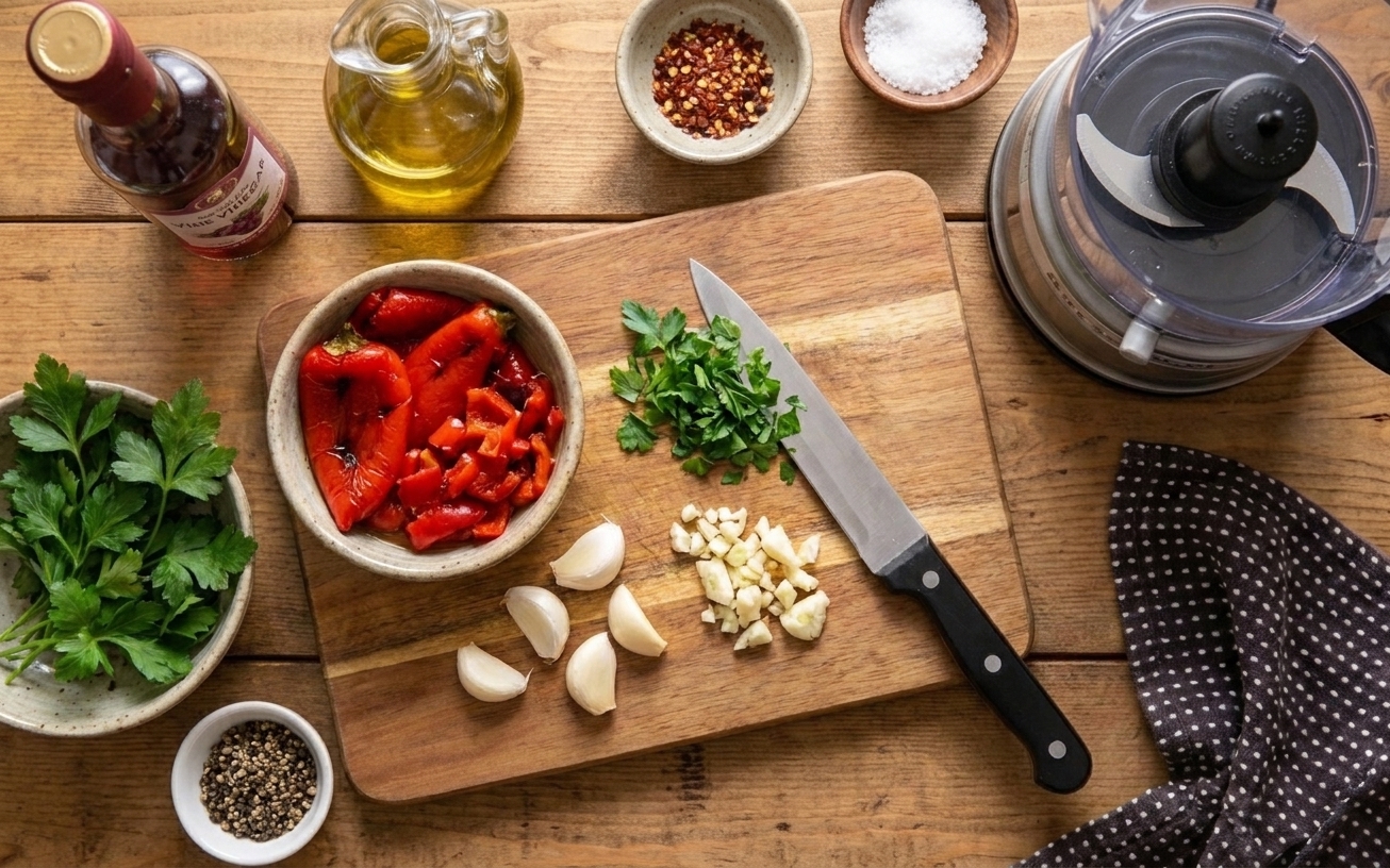 Roasted red peppers, fresh parsley, garlic cloves, red wine vinegar, olive oil, and spices arranged on a kitchen counter ready for making sauce