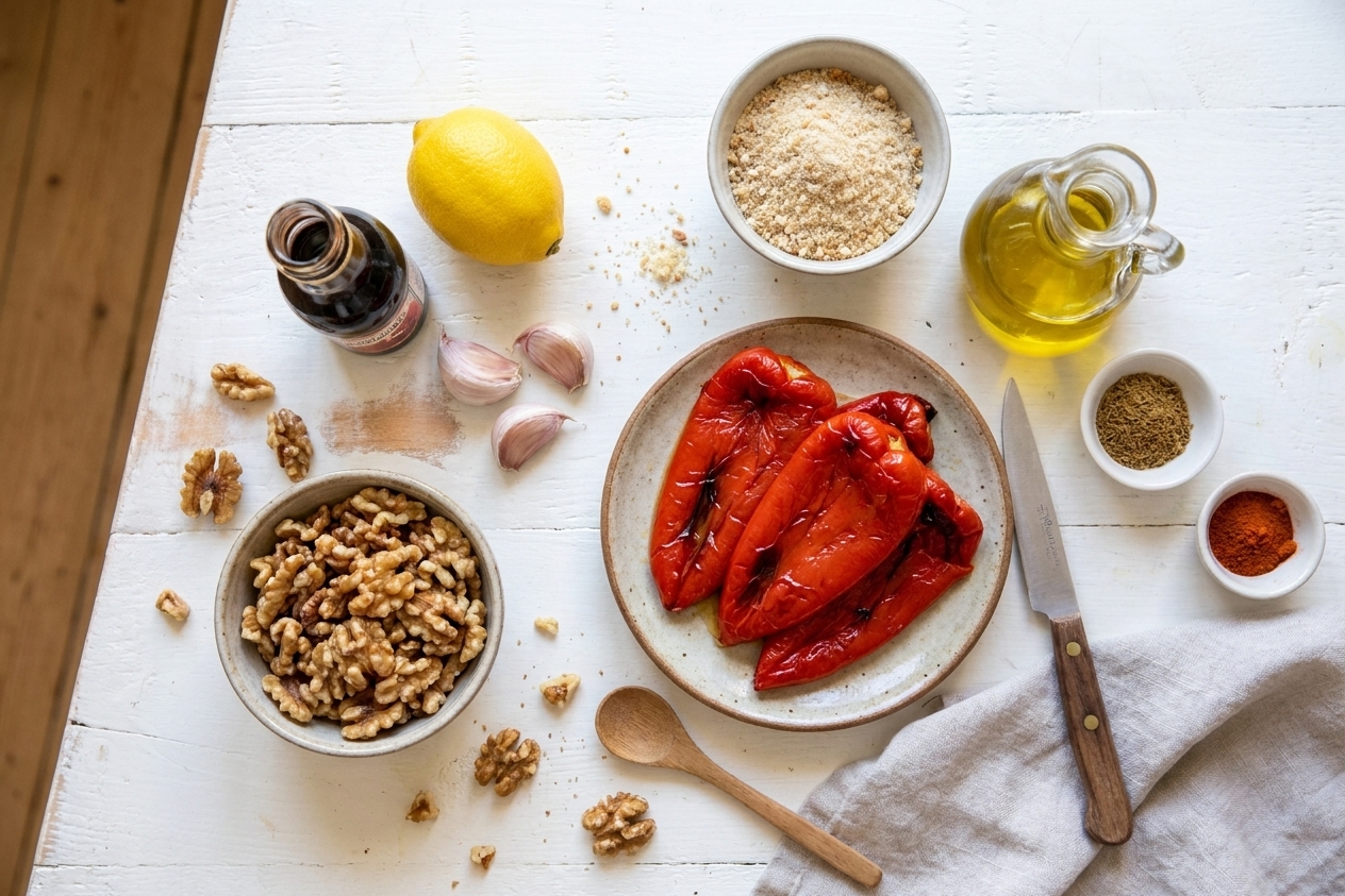 Roasted red peppers, walnuts, garlic, lemon, pomegranate molasses, breadcrumbs, olive oil, and spices arranged on a tidy kitchen counter in natural light