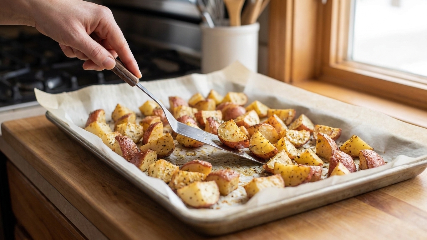 Roasted red potatoes being turned with a thin spatula on a parchment-lined sheet pan for even browning