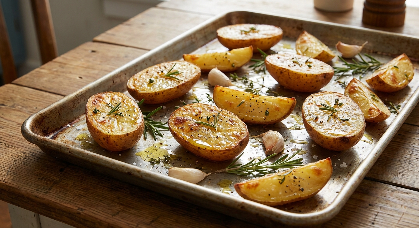 Roasted russet potatoes on a sheet pan with lightly crisped skins and an olive oil sheen