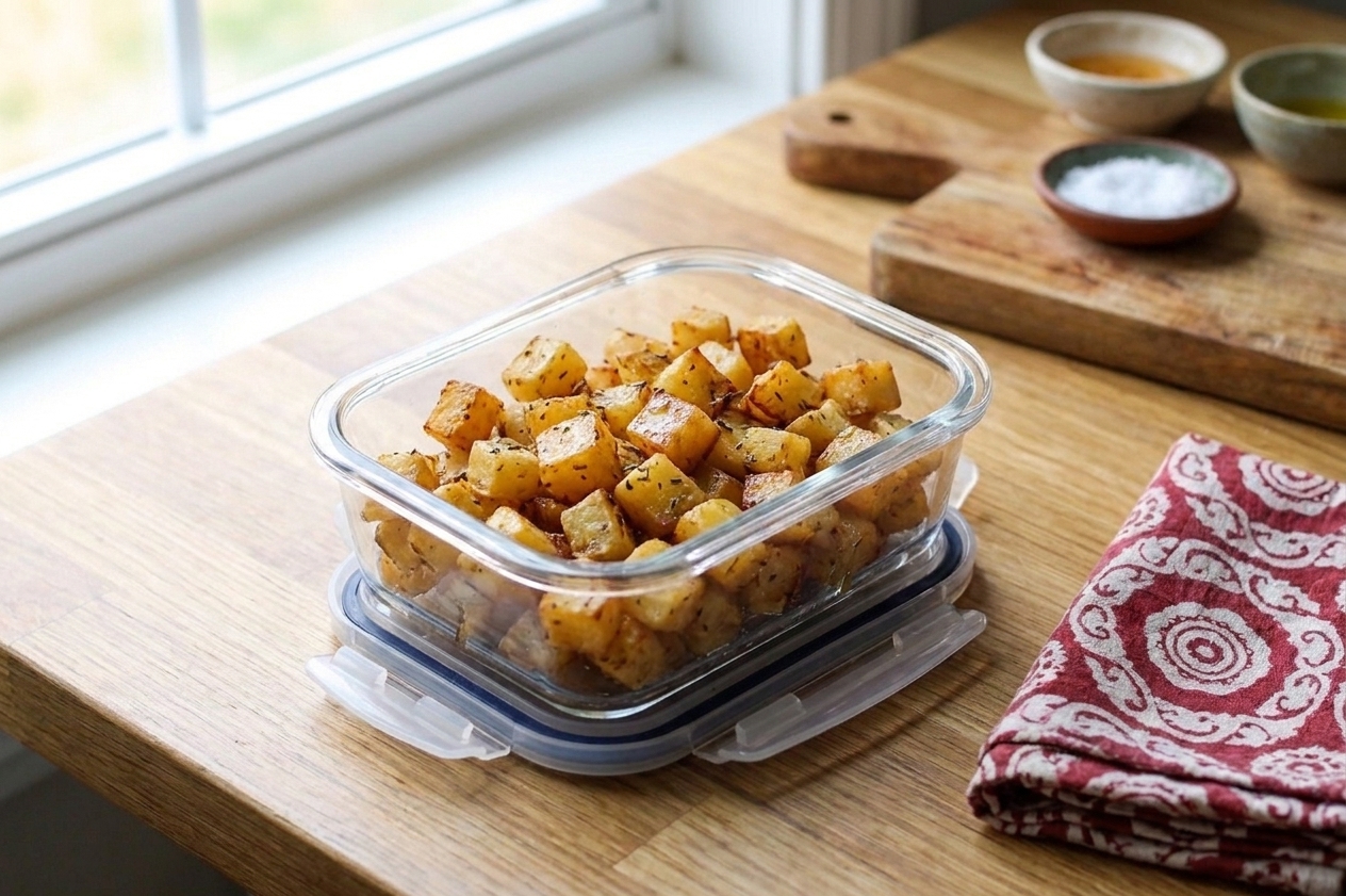 Roasted rutabaga cubes stored in a clear glass meal prep container with a snap-on lid on a kitchen counter