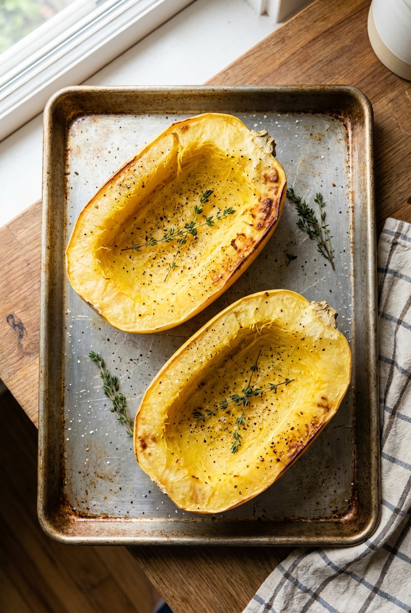 Roasted spaghetti squash halves on a sheet pan with lightly browned edges