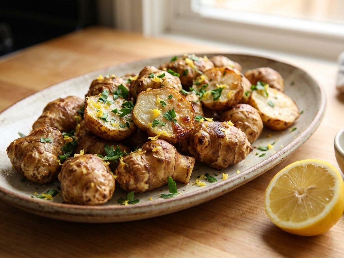 Roasted sunchokes piled on a serving platter, finished with chopped parsley and lemon zest, with a lemon half nearby on a kitchen table