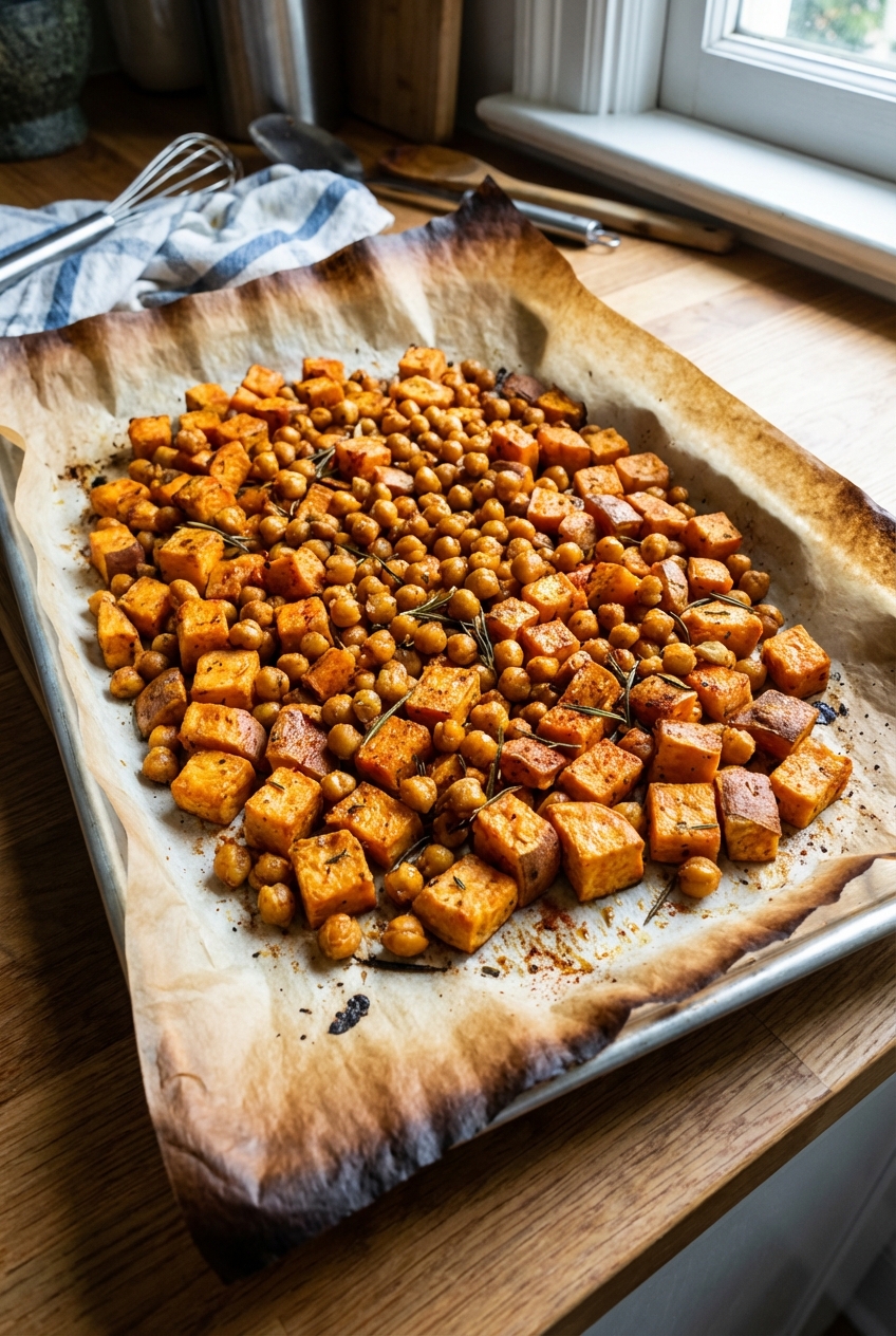 Roasted sweet potato cubes and chickpeas on a parchment-lined sheet pan with visible browned edges