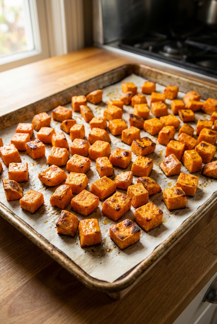 Roasted sweet potato cubes on a baking sheet with browned, crispy edges