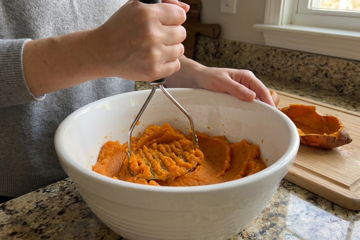 Roasted sweet potato flesh being mashed in a large mixing bowl on a kitchen counter