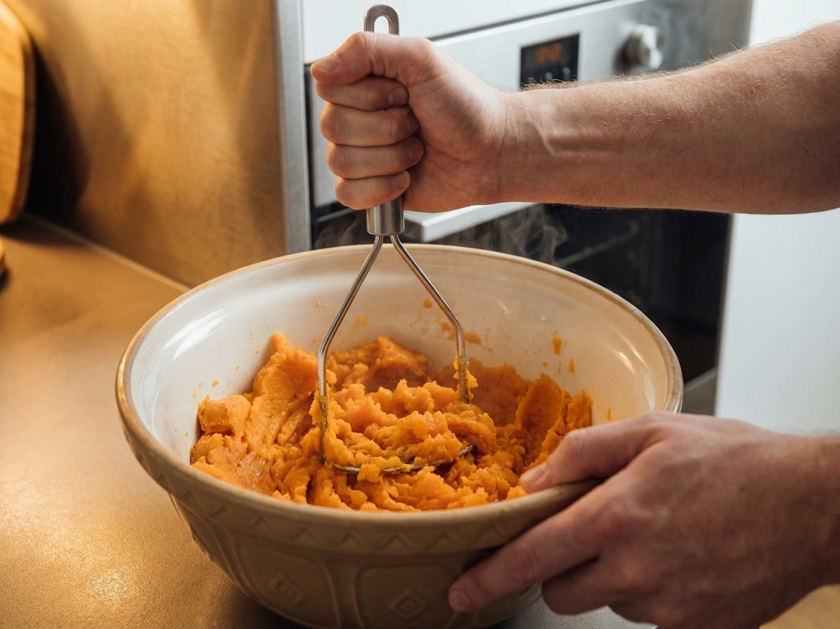 Roasted sweet potato flesh being mashed in a mixing bowl with a potato masher on a kitchen counter