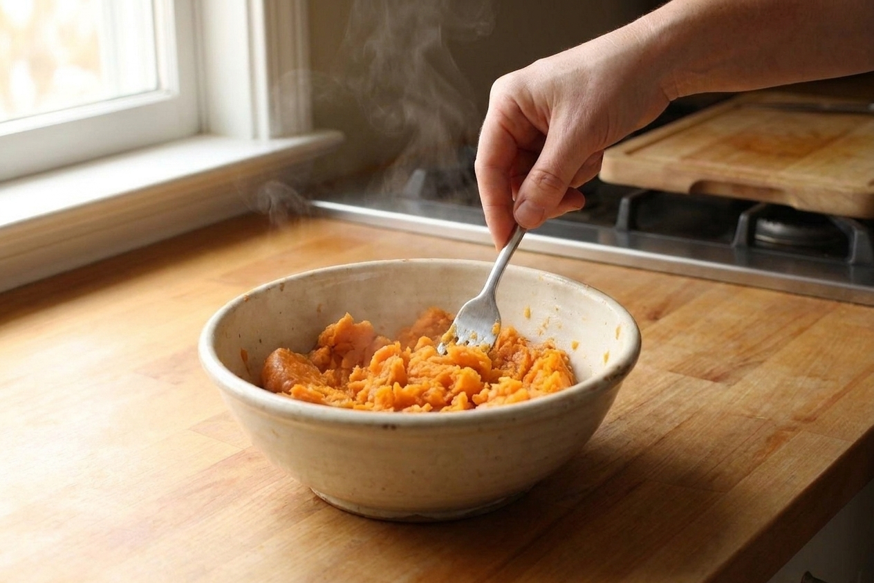 Roasted sweet potato flesh being mashed with a fork in a ceramic bowl on a kitchen counter