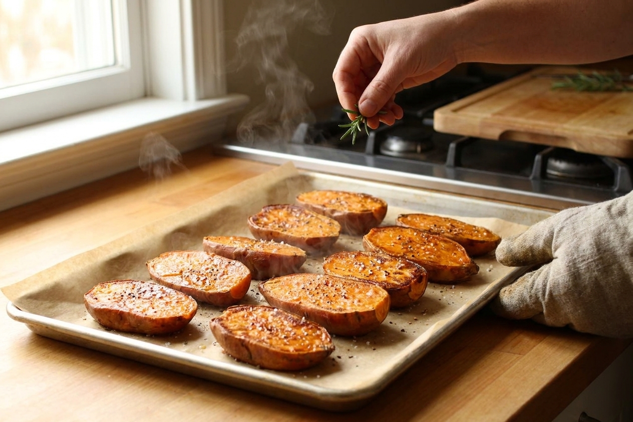 Roasted sweet potato halves on a parchment-lined baking sheet on a warm kitchen counter, steam rising