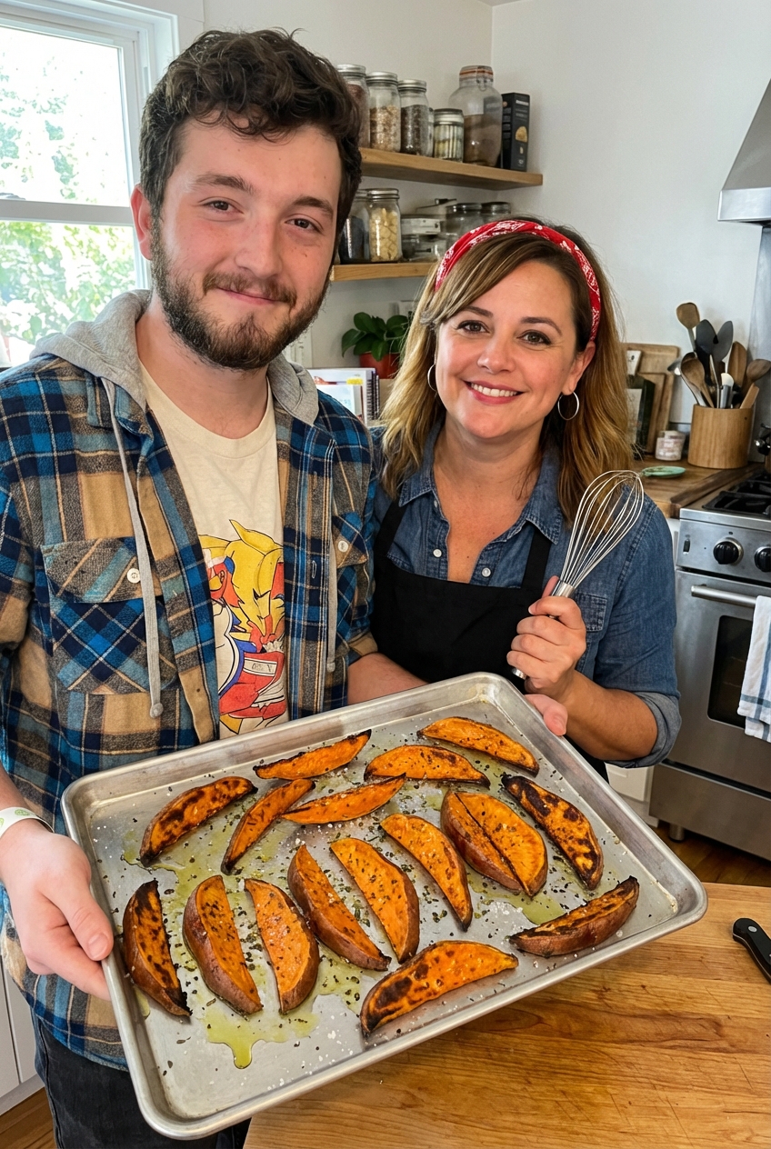 Roasted sweet potato wedges on a baking sheet with a light char
