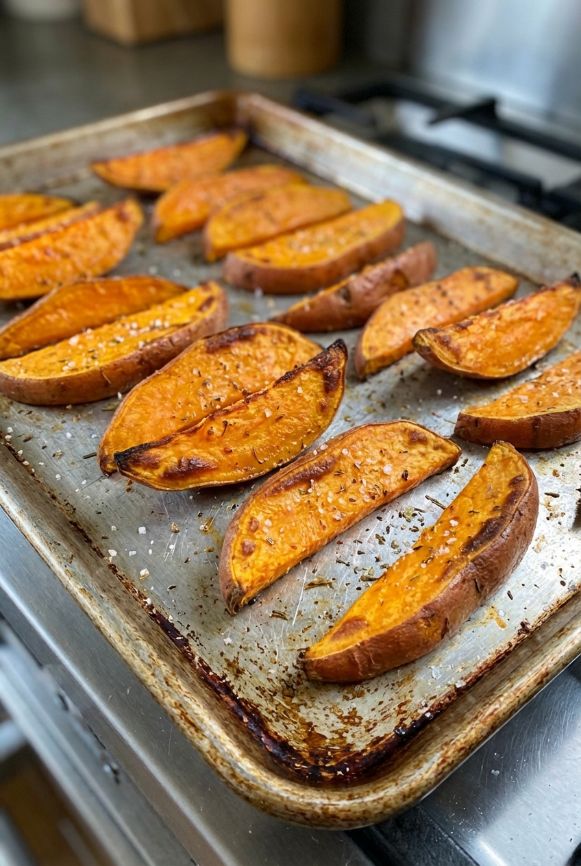 Roasted sweet potato wedges on a sheet pan with browned edges