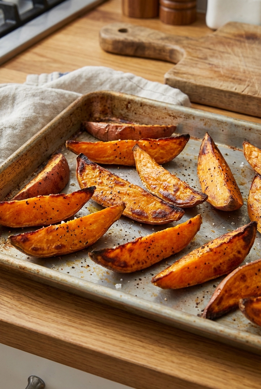 Roasted sweet potato wedges on a sheet pan with browned edges