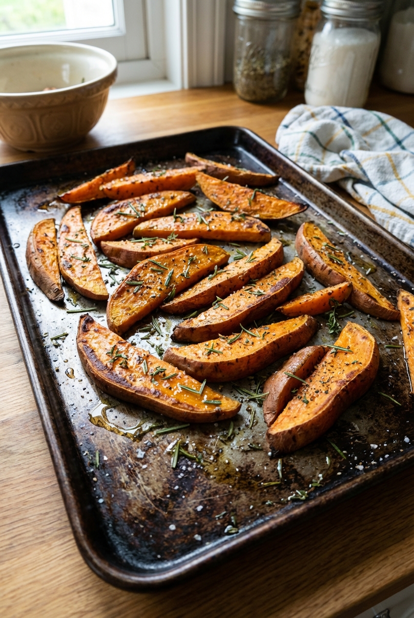 Roasted sweet potato wedges on a sheet pan with herbs