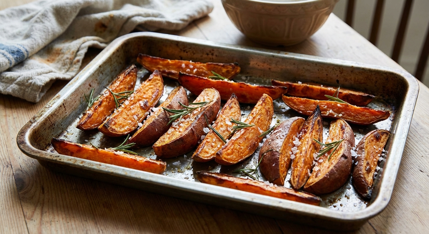 Roasted sweet potato wedges on a tray with rosemary and sea salt