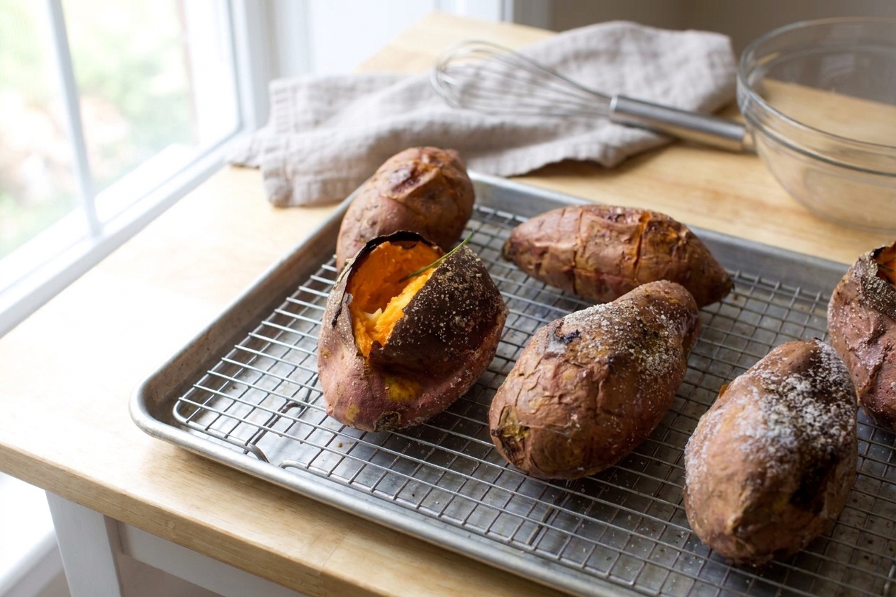 Roasted sweet potatoes cooling on a sheet pan on a bright kitchen counter