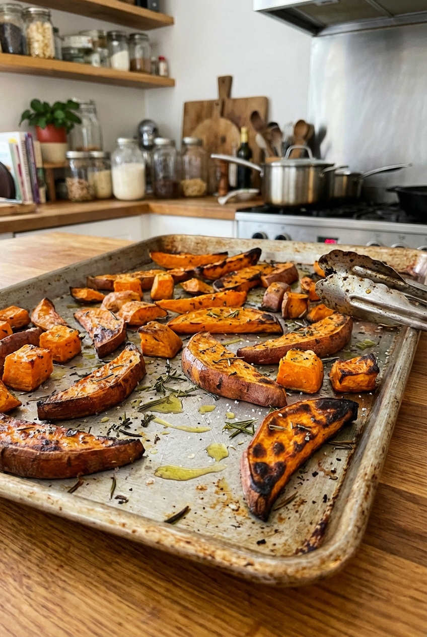 Roasted sweet potatoes on a baking sheet with browned edges
