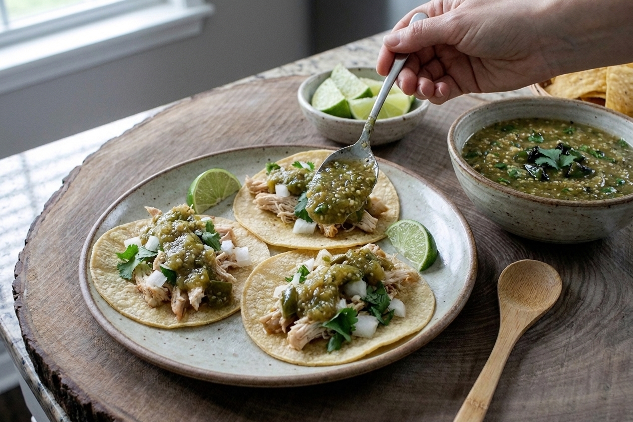 Roasted tomatillo salsa verde being spooned over simple chicken tacos on a plate at a kitchen table