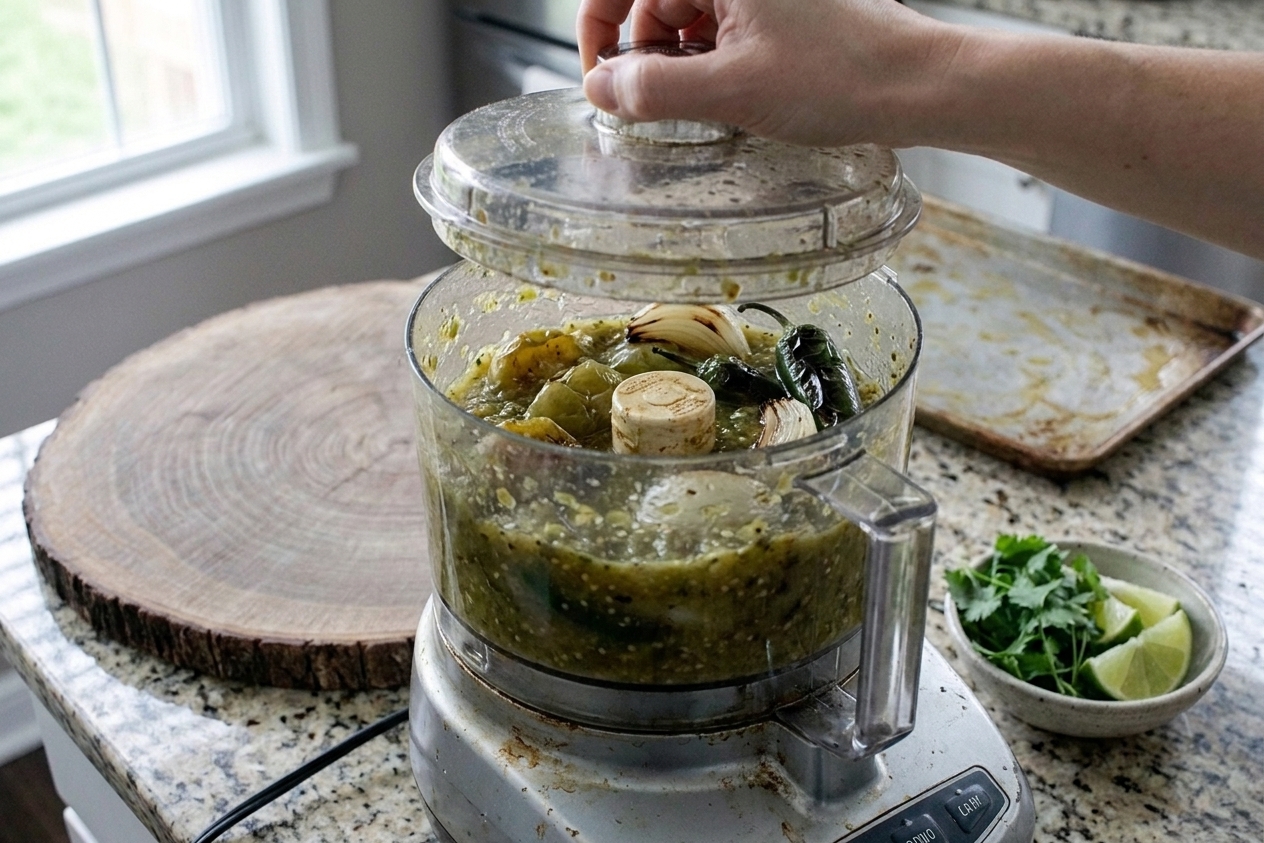 Roasted tomatillos and charred vegetables being blended into salsa verde in a warm home kitchen