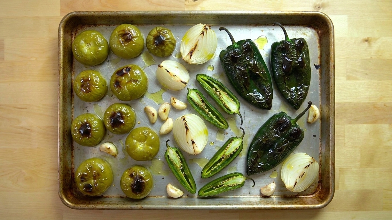 Roasted tomatillos, poblano peppers, jalapeños, onion, and garlic on a rimmed sheet pan with charred spots under warm kitchen lighting