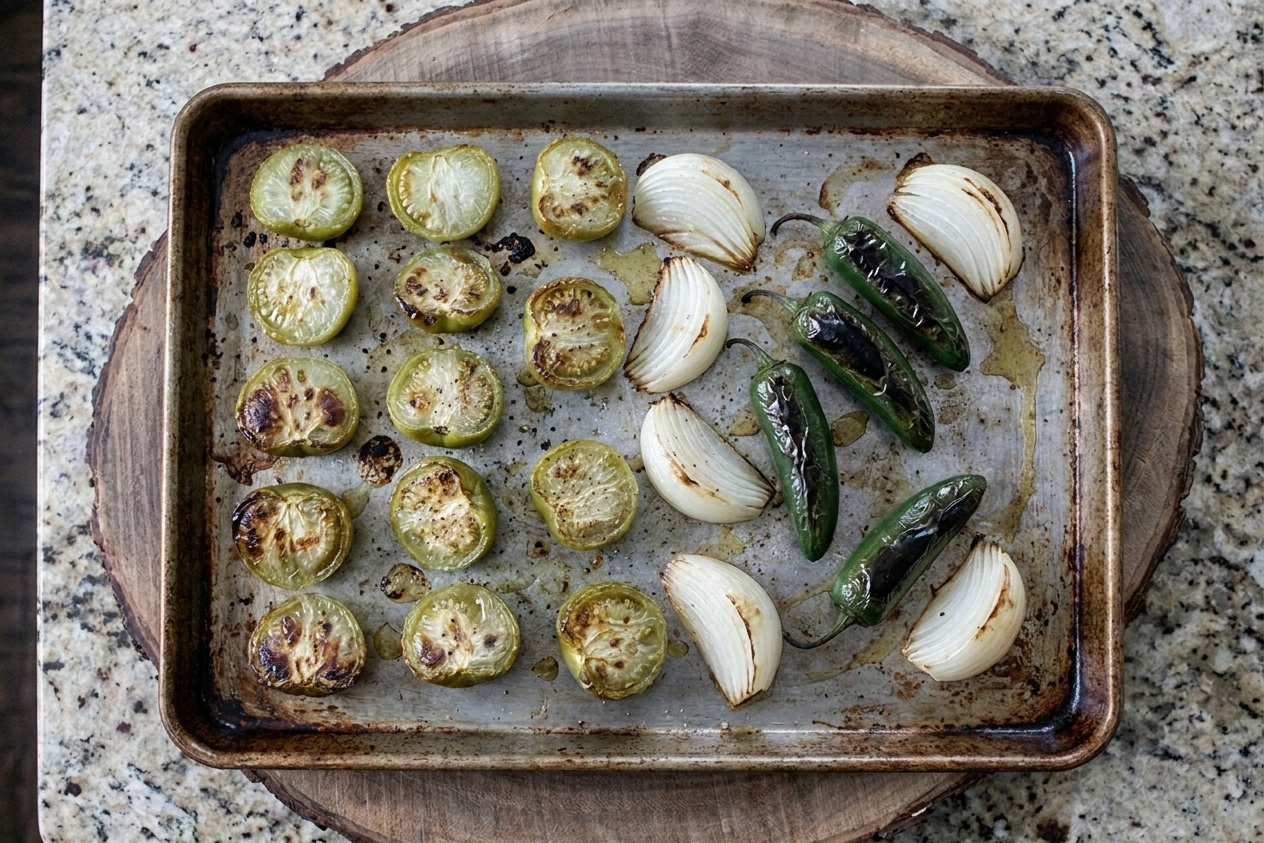 Roasted tomatillos with browned blistered spots alongside charred jalapeños and softened onion on a sheet pan