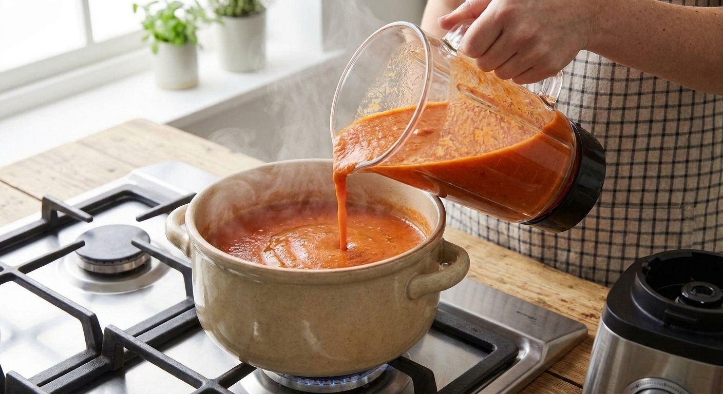 Roasted tomato soup being poured from a blender into a pot on the stovetop, showing a smooth, velvety texture.