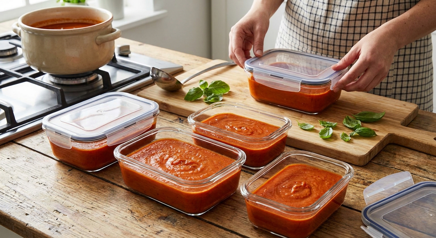 Roasted tomato soup portioned into glass storage containers with lids, ready for leftovers.