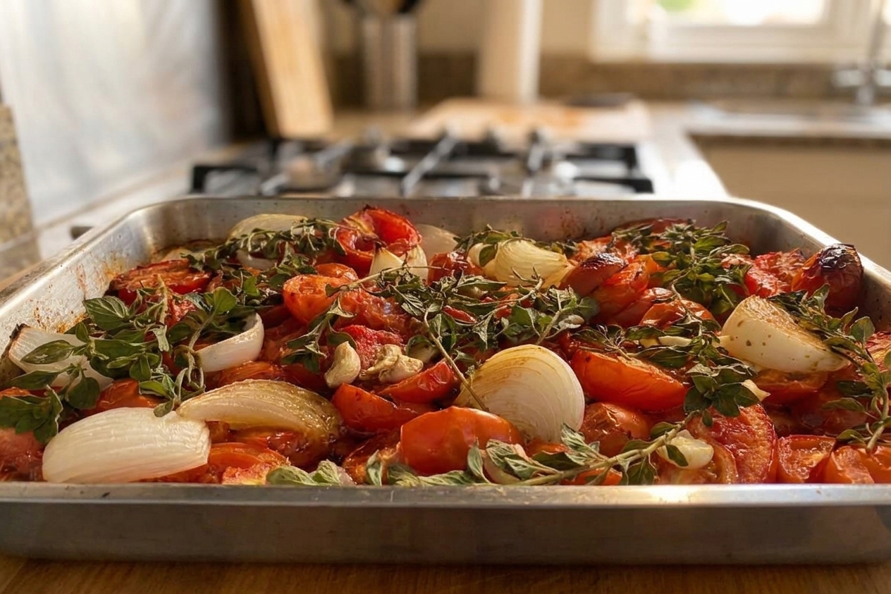 Roasted tomatoes and garlic on a sheet pan with browned edges and caramelized juices after coming out of the oven
