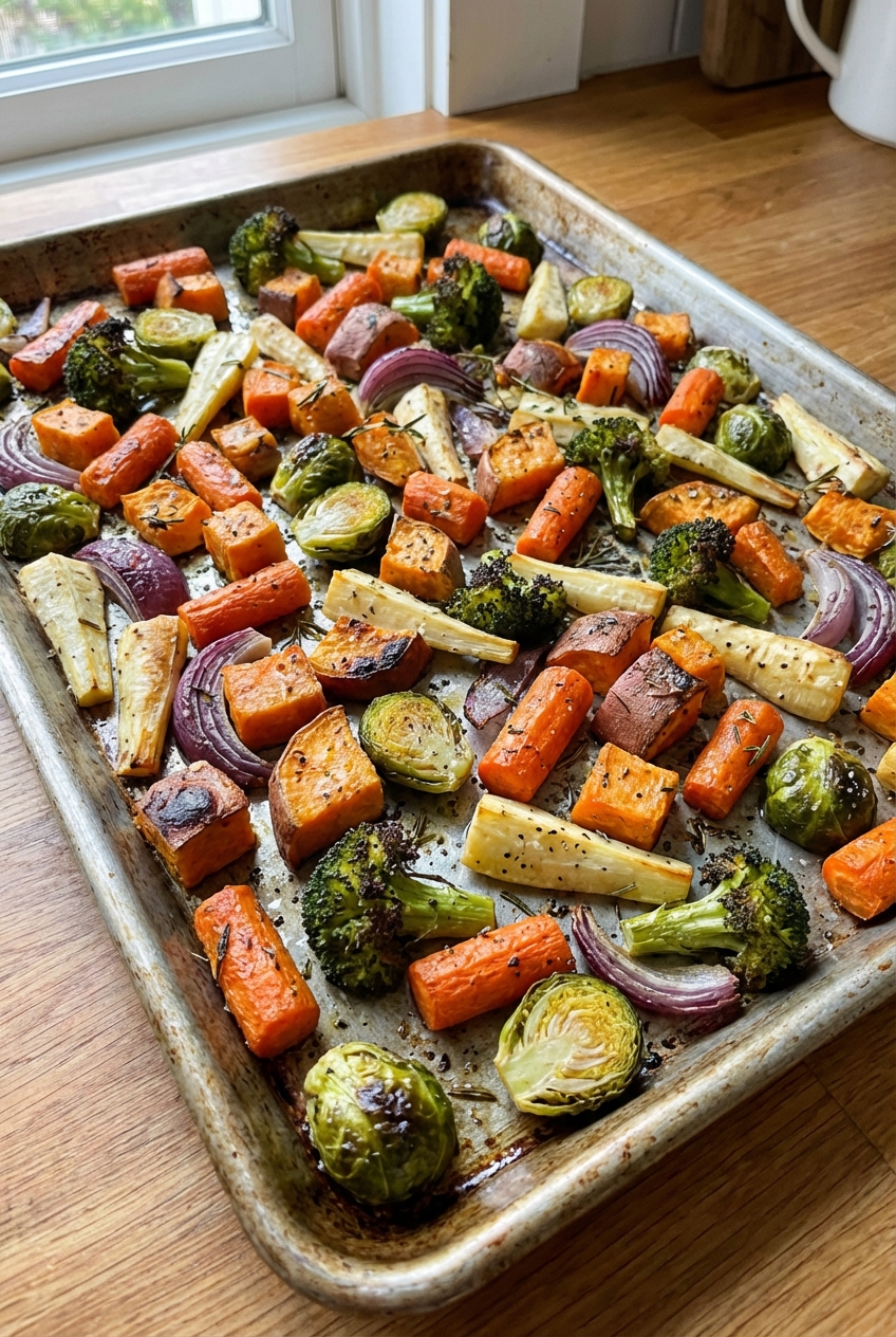 Roasted vegetables on a baking sheet with caramelized edges