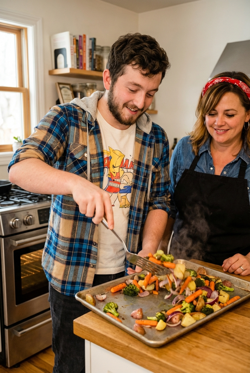 Roasted vegetables on a sheet pan being tossed with a spatula right after coming out of the oven