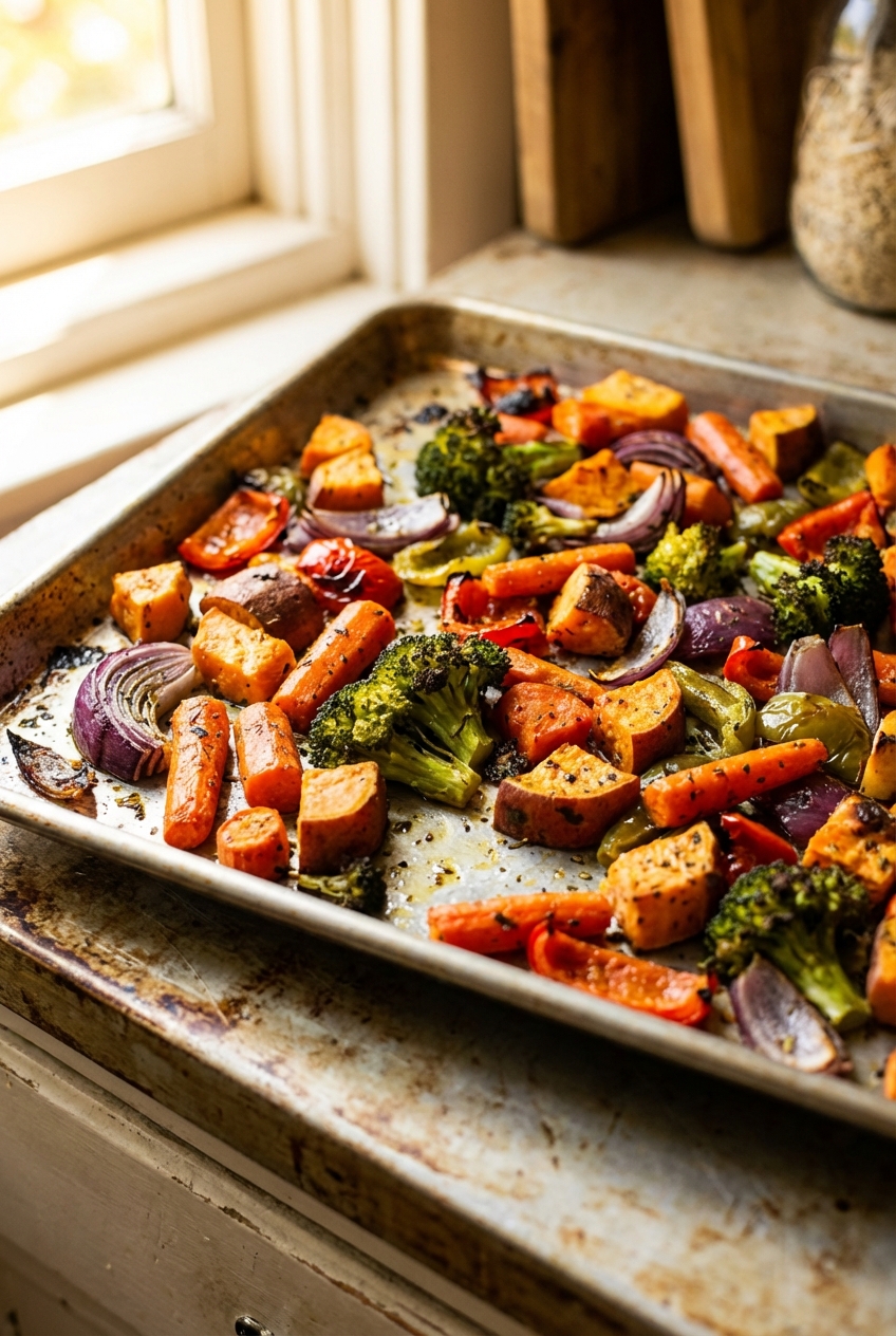 Roasted vegetables on a sheet pan with caramelized edges