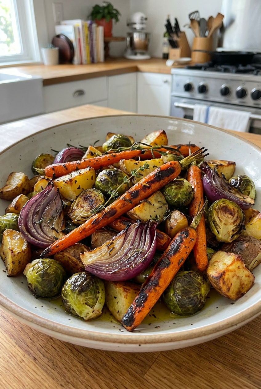Roasted vegetables with browned edges in a serving bowl