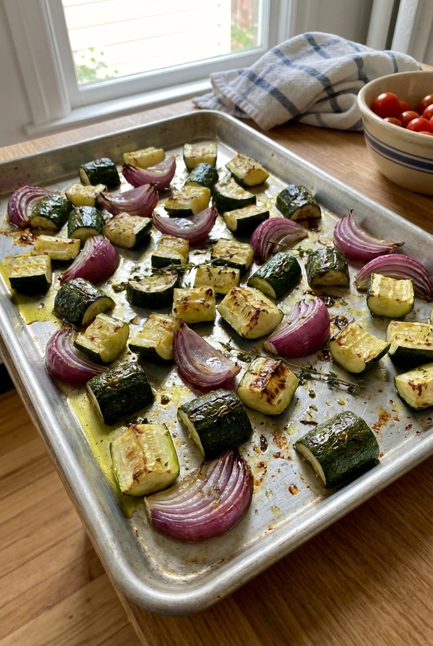 Roasted zucchini and red onion on a sheet pan with browned edges