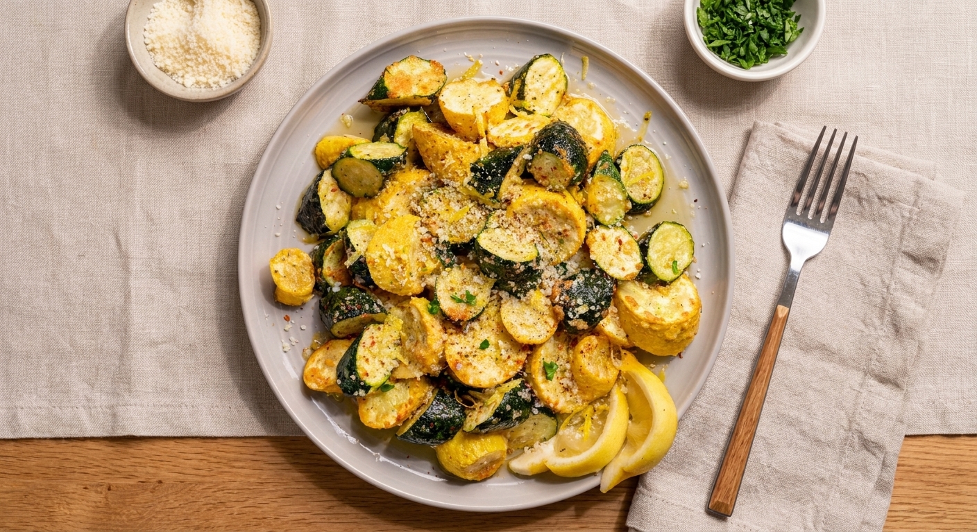 Roasted zucchini plated on a white serving dish with Parmesan and parsley, set on a simple dinner table