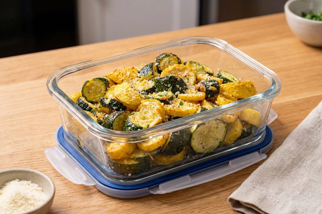 Roasted zucchini stored in a clear glass container with a snap-on lid on a kitchen counter