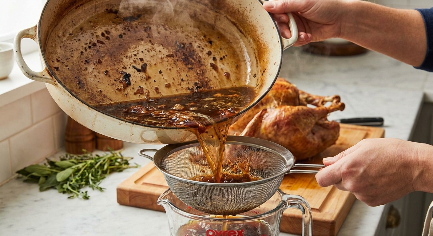 Roasting pan with turkey drippings being poured through a fine mesh strainer into a measuring cup