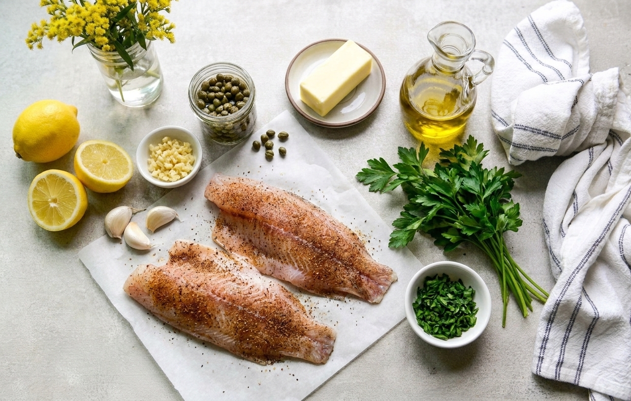 Rockfish fillets, lemon, capers, garlic, butter, olive oil, and fresh parsley arranged on a clean kitchen counter under soft natural light
