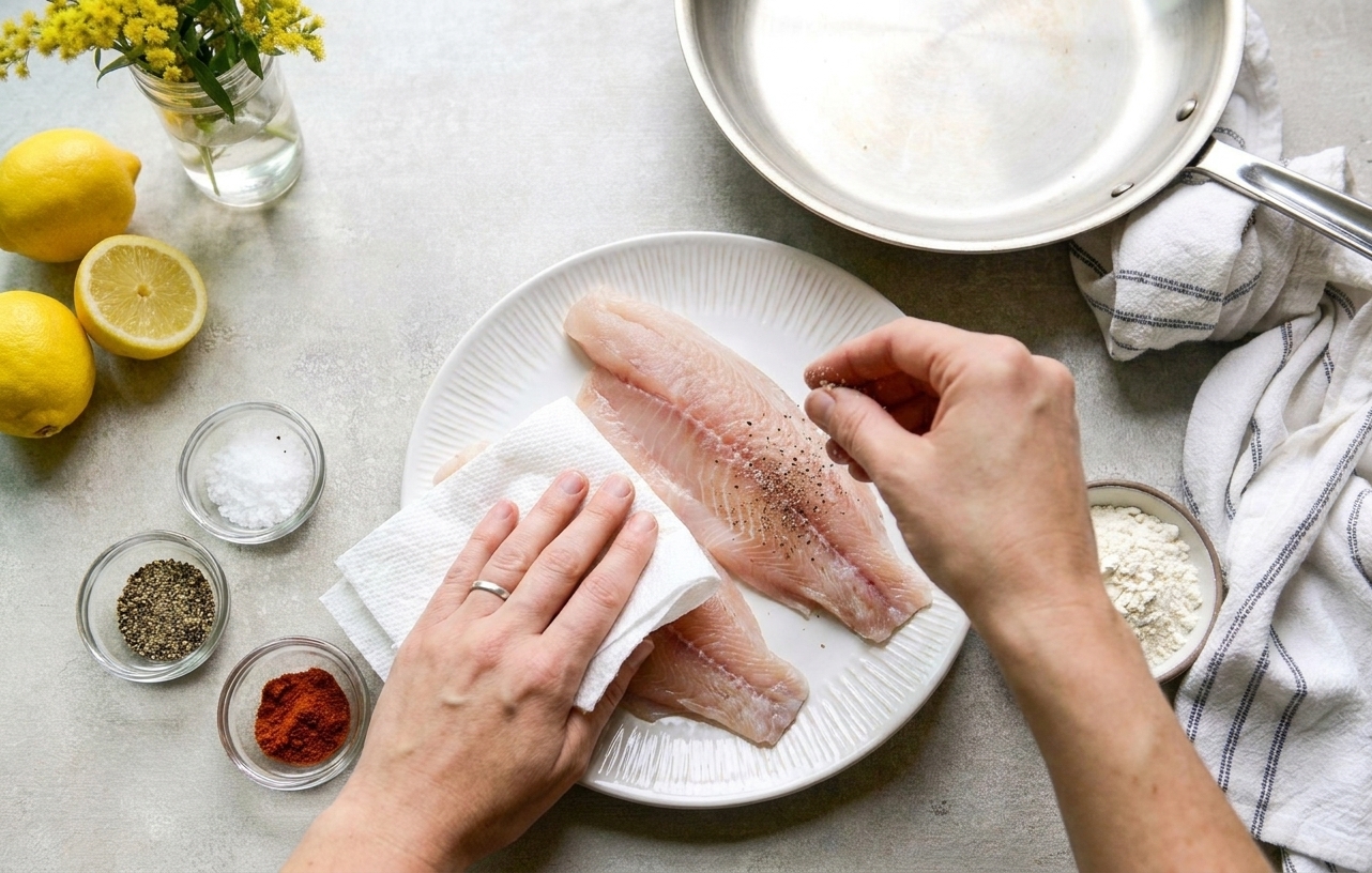 Rockfish fillets on a plate being patted dry and seasoned with salt, pepper, and paprika on a warm kitchen counter with a small bowl of flour nearby
