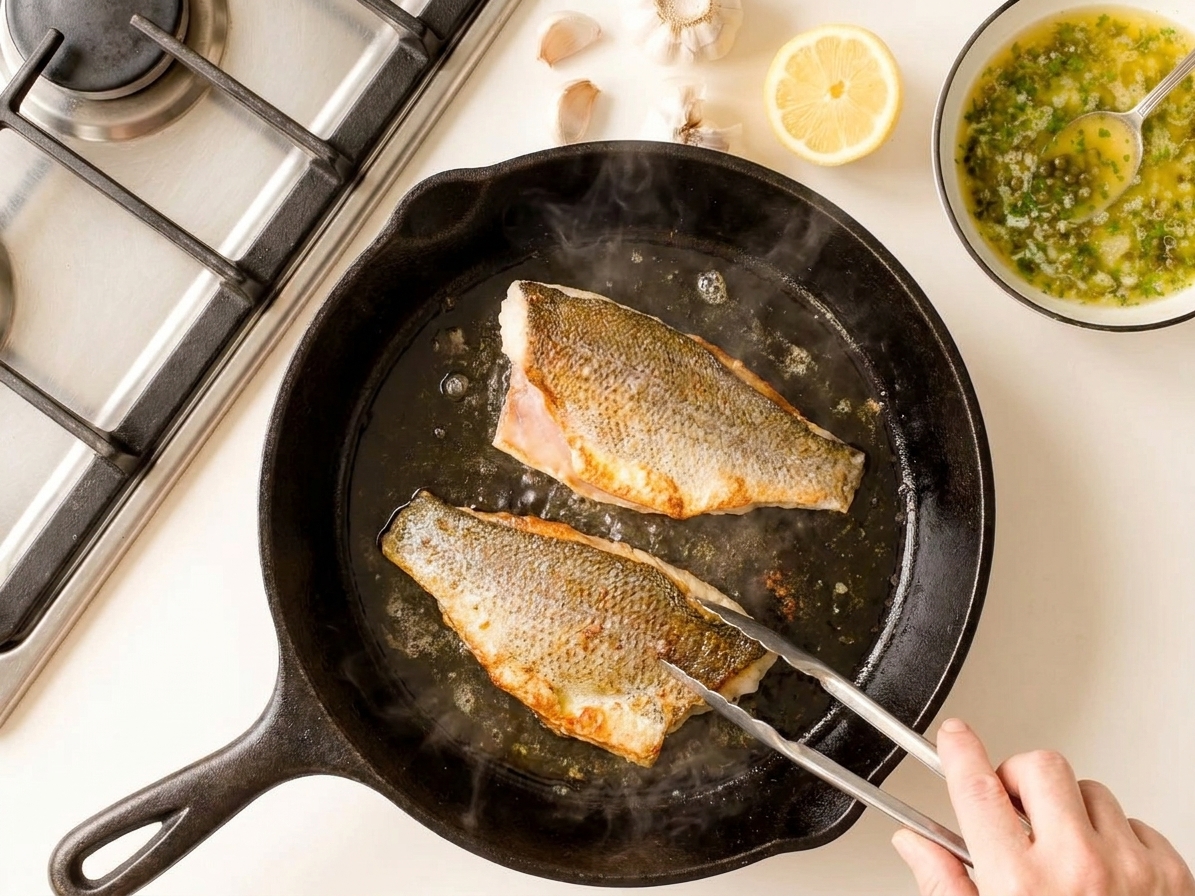 Rockfish fillets searing skin-side down in a hot skillet with oil, edges turning golden and crisp on a home stove
