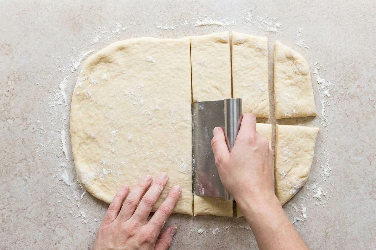 Rolled dough being cut into small rectangles with a bench scraper on a floured countertop