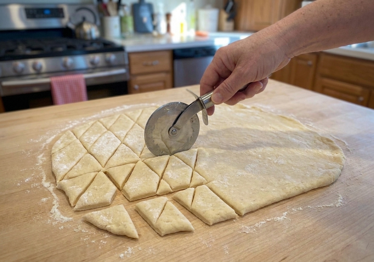 Rolled dough on a floured counter being cut into small diamond shapes with a pizza cutter