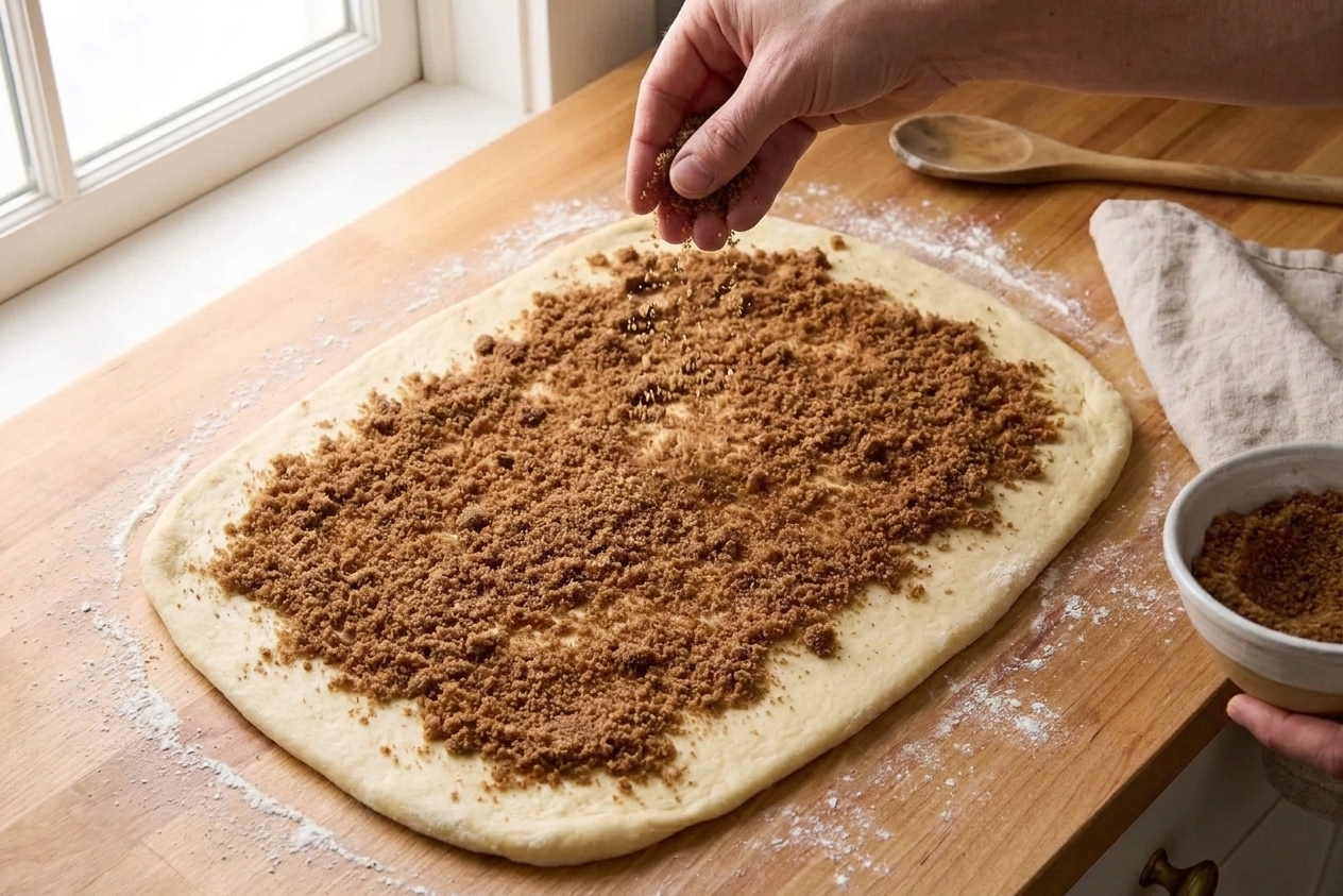 Rolled dough on a floured counter being topped with cinnamon brown sugar filling, with a hand sprinkling the mixture evenly