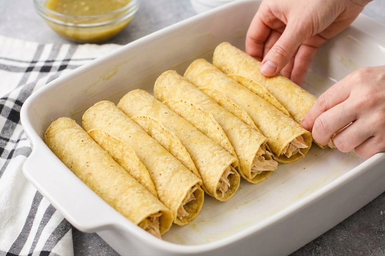Rolled enchiladas lined up seam-side down in a greased baking dish before adding sauce