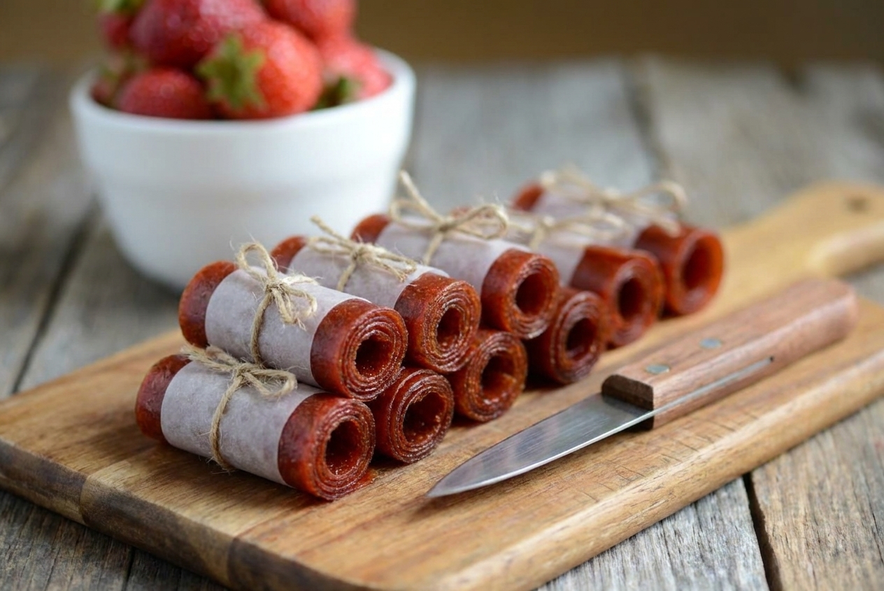 Rolled fruit leather strips wrapped in parchment paper on a wooden cutting board with a small kitchen knife nearby